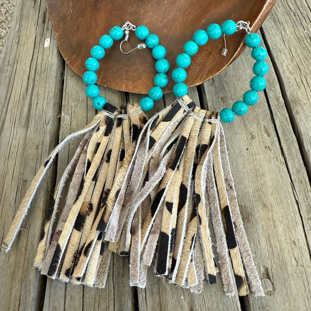 Turquoise Beaded Earrings with Fringe